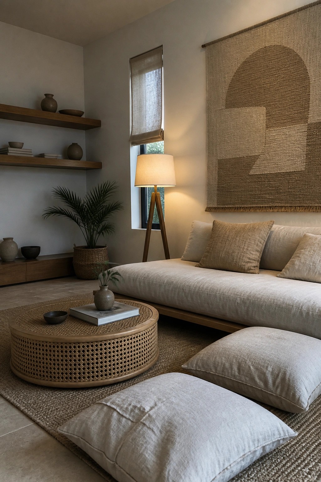 A living room featuring a low beige sofa, round rattan coffee table on a jute rug, large woven wall hanging with geometric patterns, and neutral floor cushions near a window.