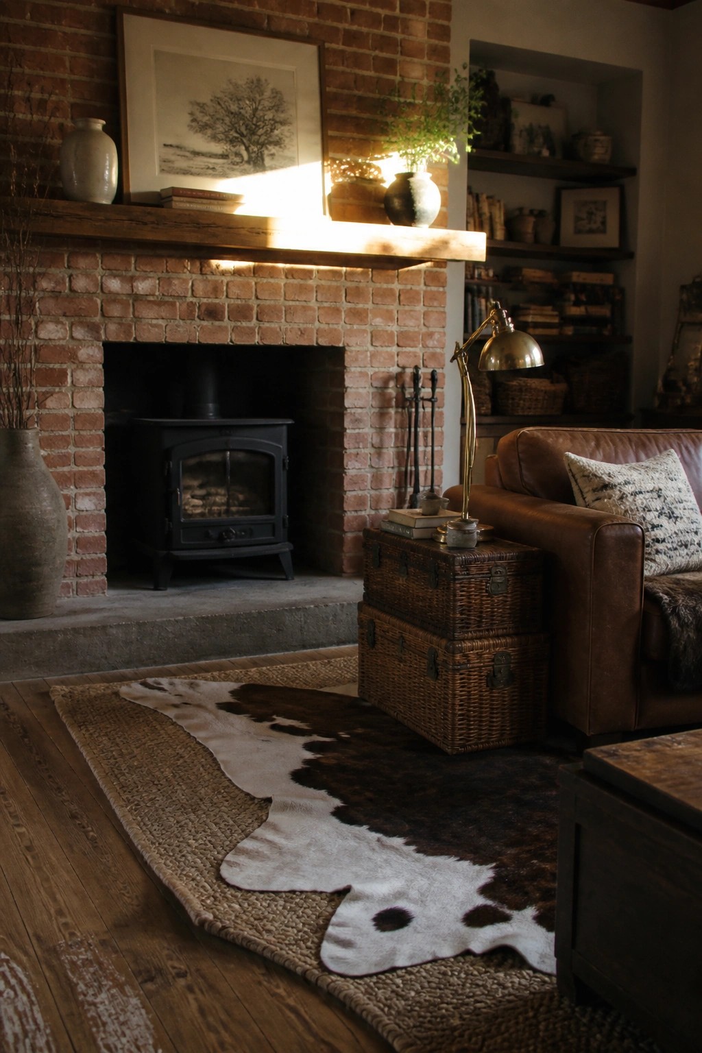 Living room interior showing a brick fireplace with wood stove, brown leather sofa, and layered cowhide rug over a jute rug on hardwood floor.