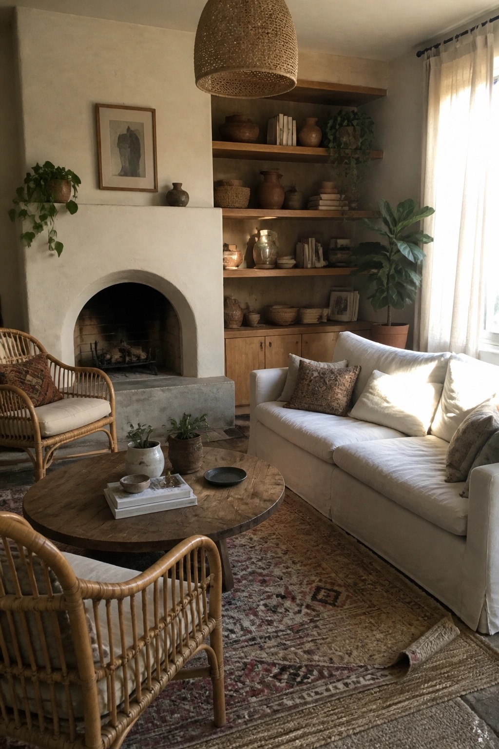 A living room with a white sofa, round wooden coffee table, rattan chairs, and built-in wooden shelves holding pottery, books, and plants beside a fireplace.