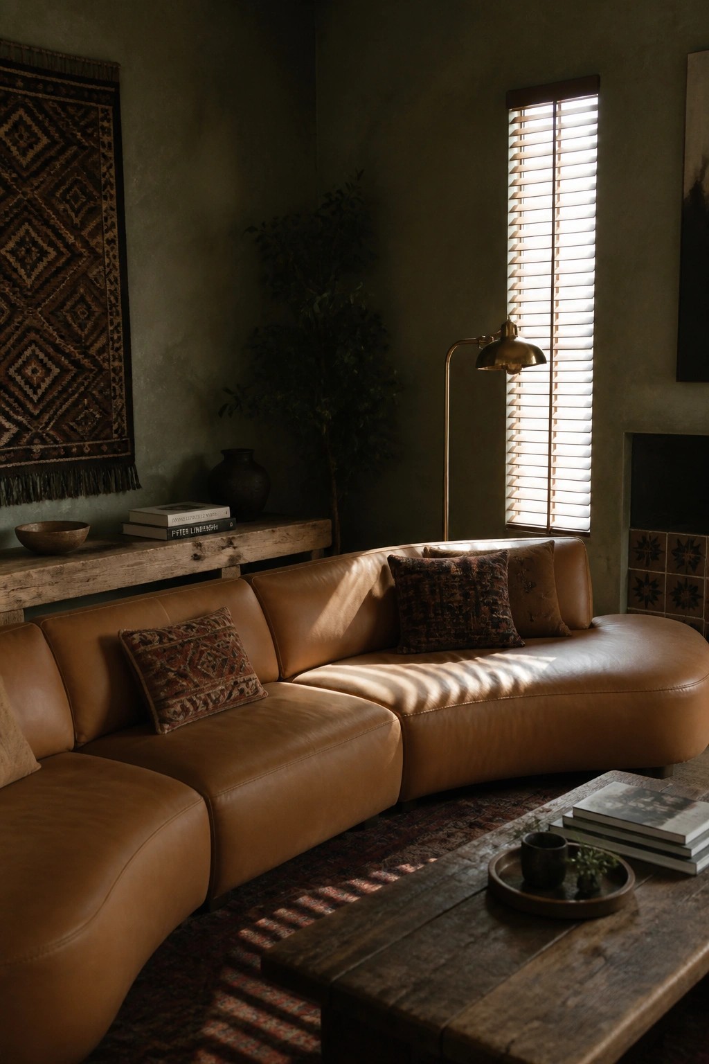 A curved brown leather sofa sits in a green-walled living room with wooden tables, patterned pillows, a rug, and sunlight filtering through window blinds.