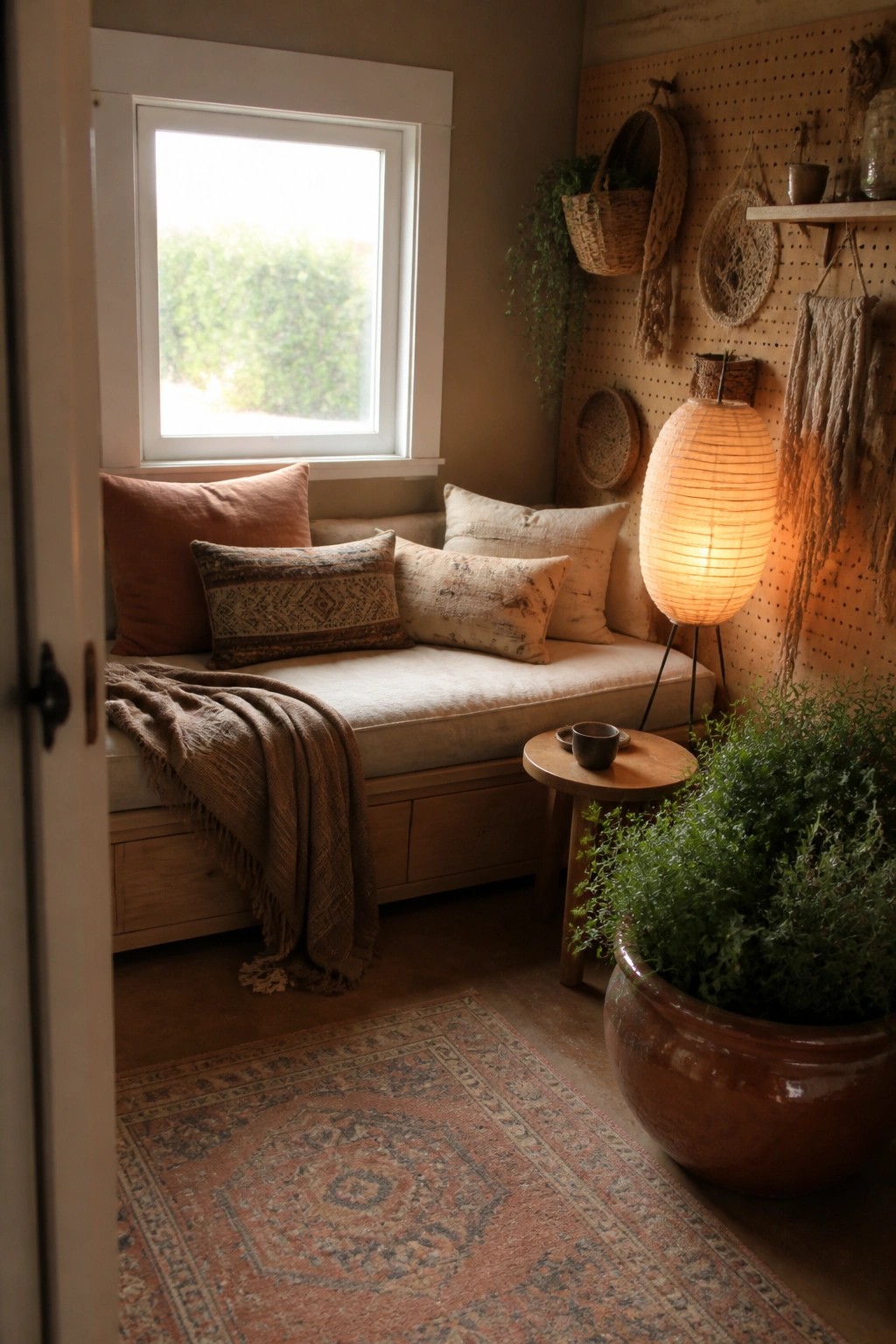 A wooden window seat with neutral cushions, a brown throw blanket, a small side table, a glowing paper lantern, and a large potted plant in front of a pegboard wall.