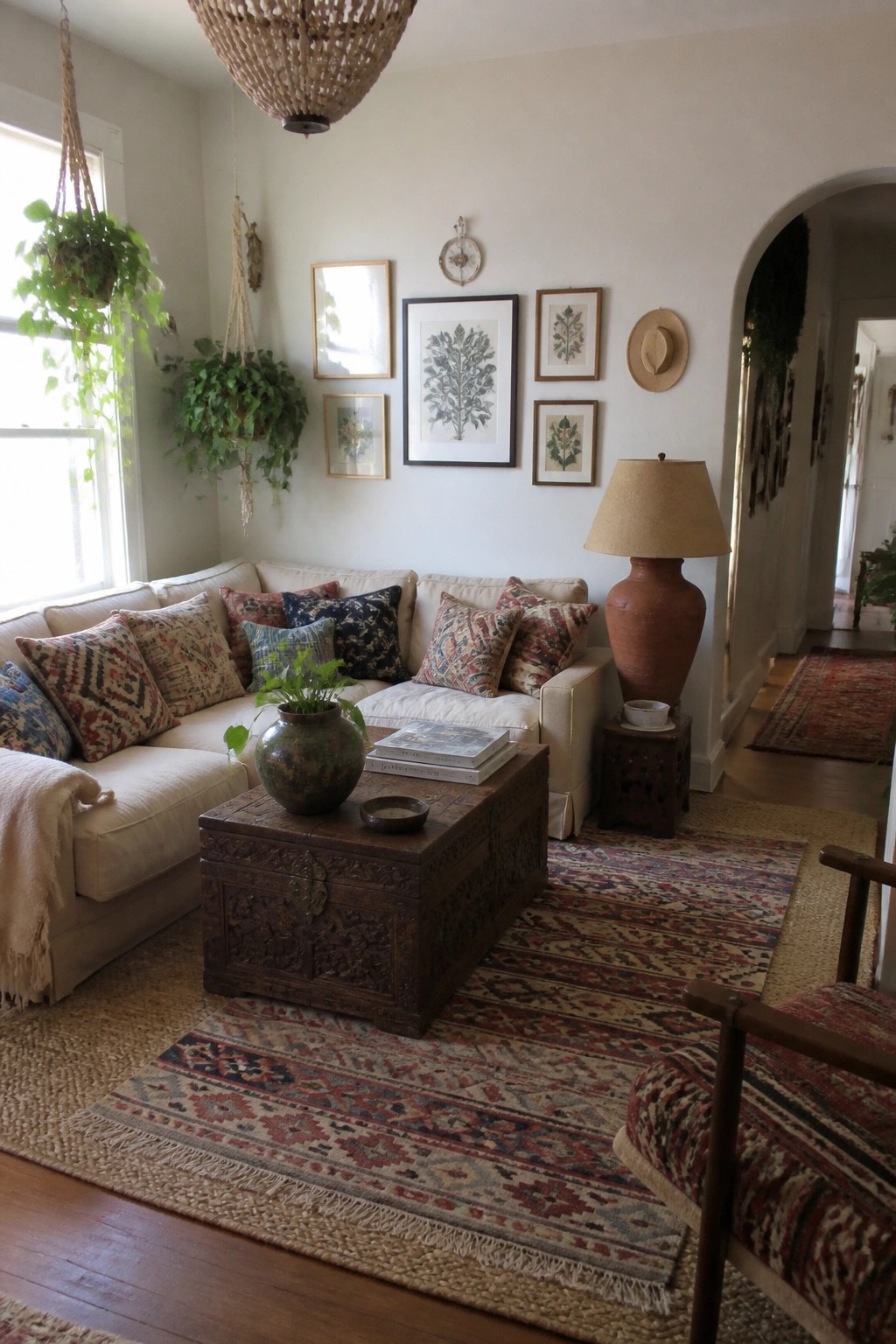 A living room with a beige sofa covered in patterned pillows, a large carved wooden trunk used as a coffee table, layered patterned rugs, hanging plants near the window, and a terracotta lamp on a side table.