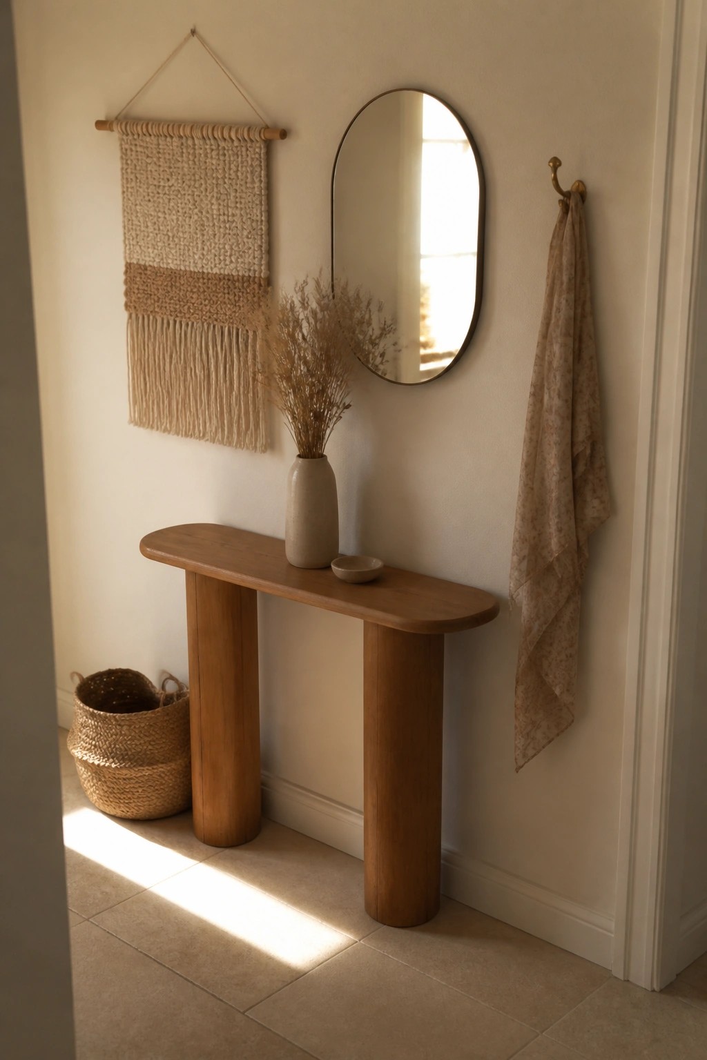 A light-colored hallway features a narrow wooden console table holding a ceramic vase with dried plants and a small bowl, positioned below an oval mirror next to a macrame wall hanging and a woven basket on the floor.