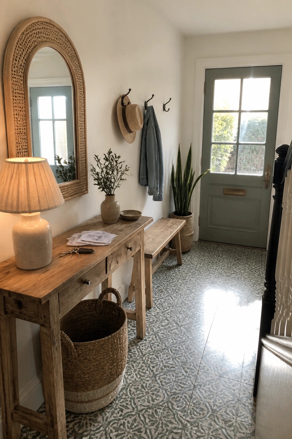 A light wood console table with a woven basket underneath sits in an entryway beside an arched mirror, with wall hooks holding a hat and jacket next to a green door.