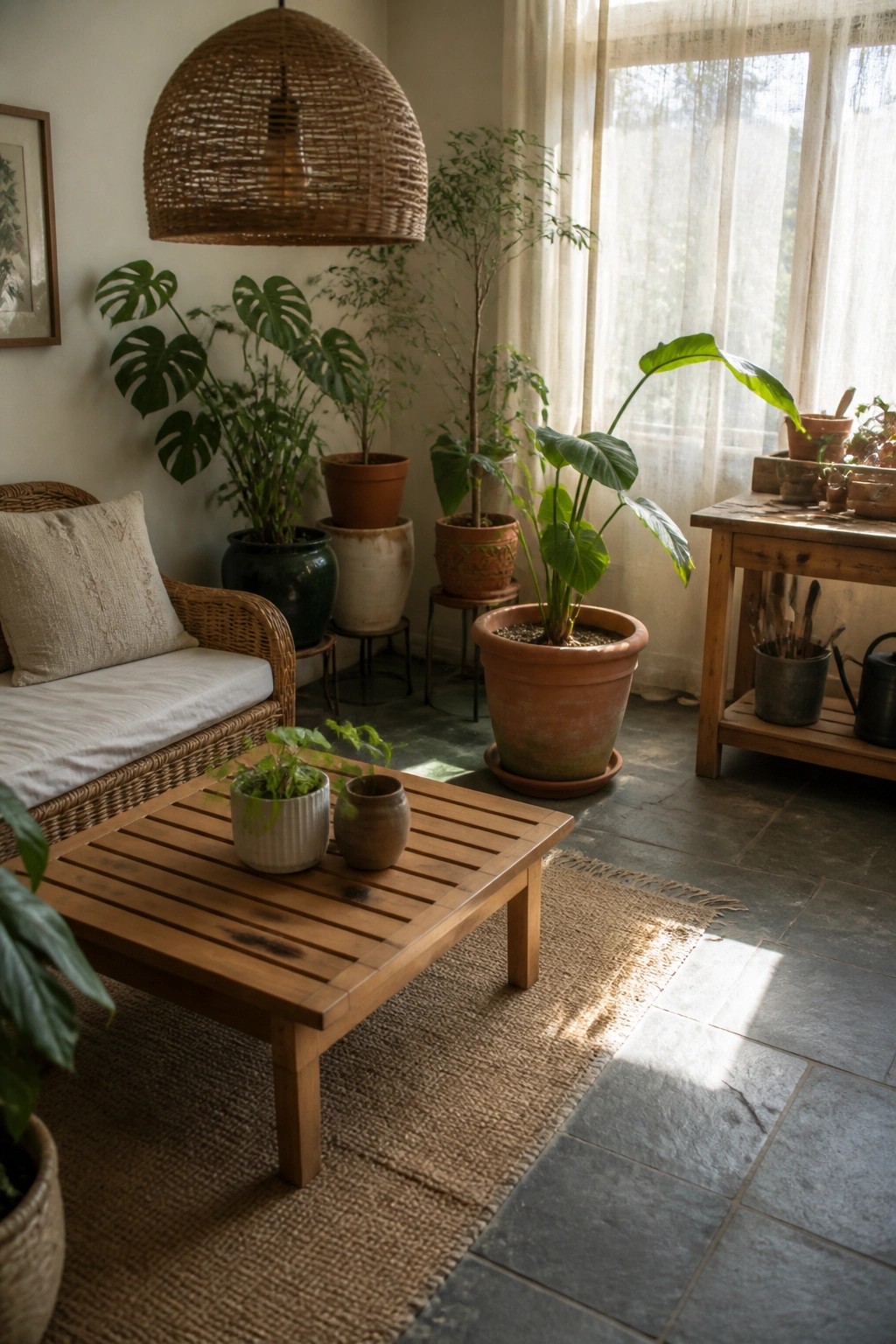 Cozy sunlit room with wicker sofa, wooden table, potted plants, and woven lampshade