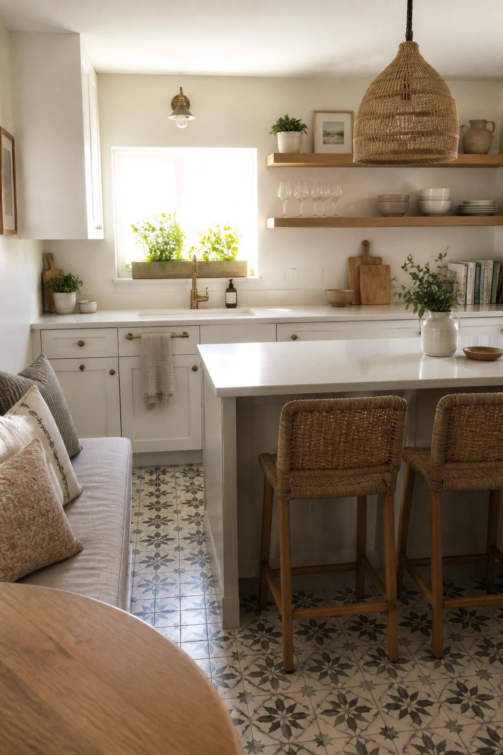 Bright white kitchen with woven bar stools, pendant light, and patterned tile floor.