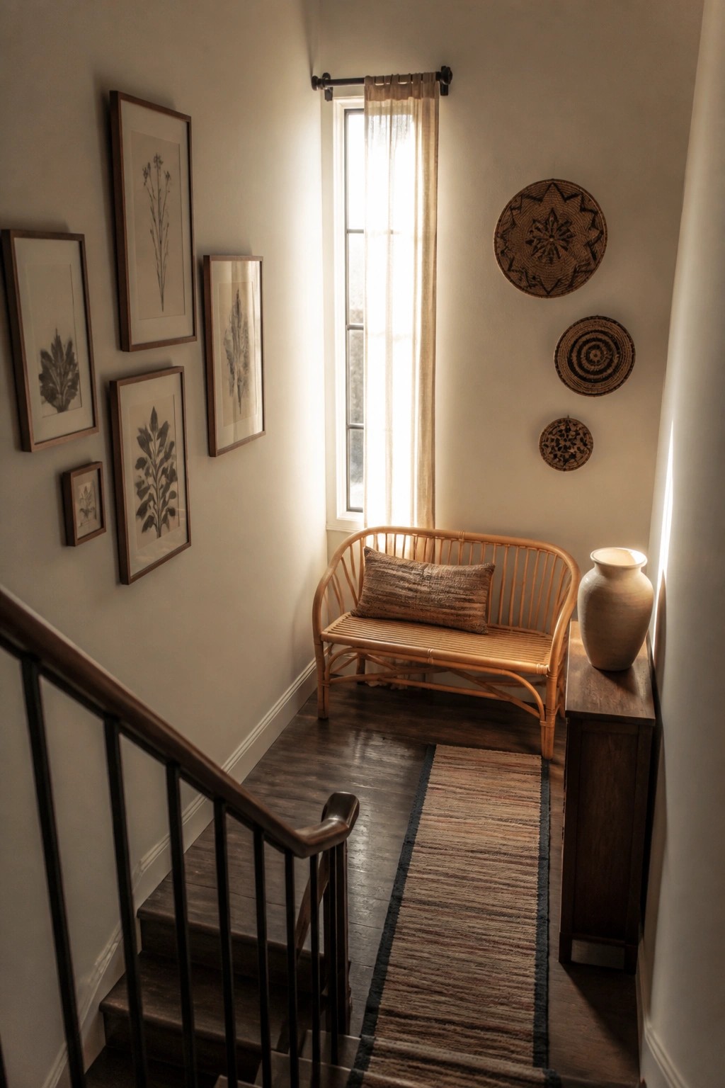 A narrow interior stair landing with a light wood rattan bench under a tall window, framed botanical prints on the left wall, woven baskets on the right wall, and a striped runner on the stairs.
