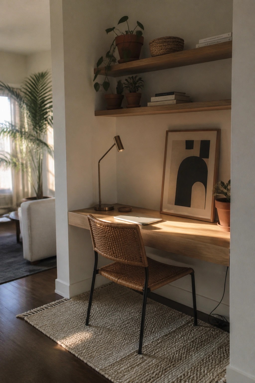 A wooden built-in desk nook with floating shelves holding plants and books, a woven chair, brass lamp, and framed artwork on the wall.