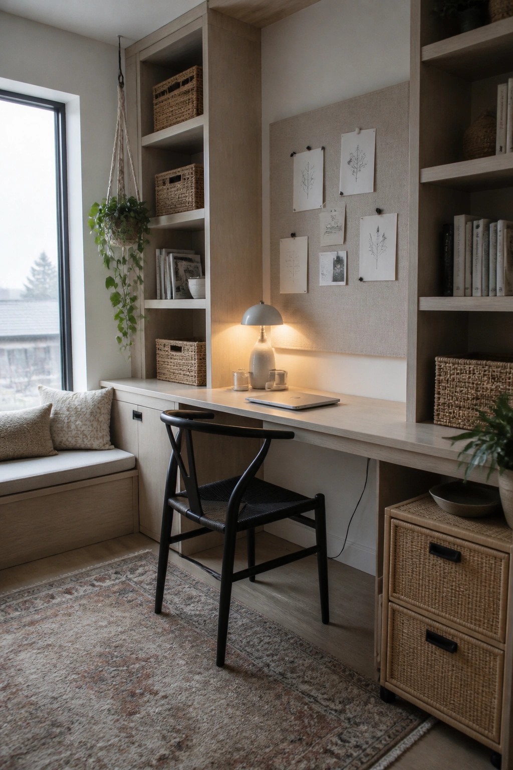A light wood built-in desk and shelving unit with open shelves, woven baskets, books, a black chair, a laptop, and a window seat with pillows.