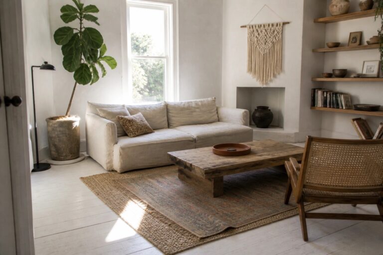 19 Minimalist Boho Interior Ideas for a Clean and Airy Feel A bright living room with a light linen sofa, wooden coffee table, woven accent chair, and floating shelves against white walls.