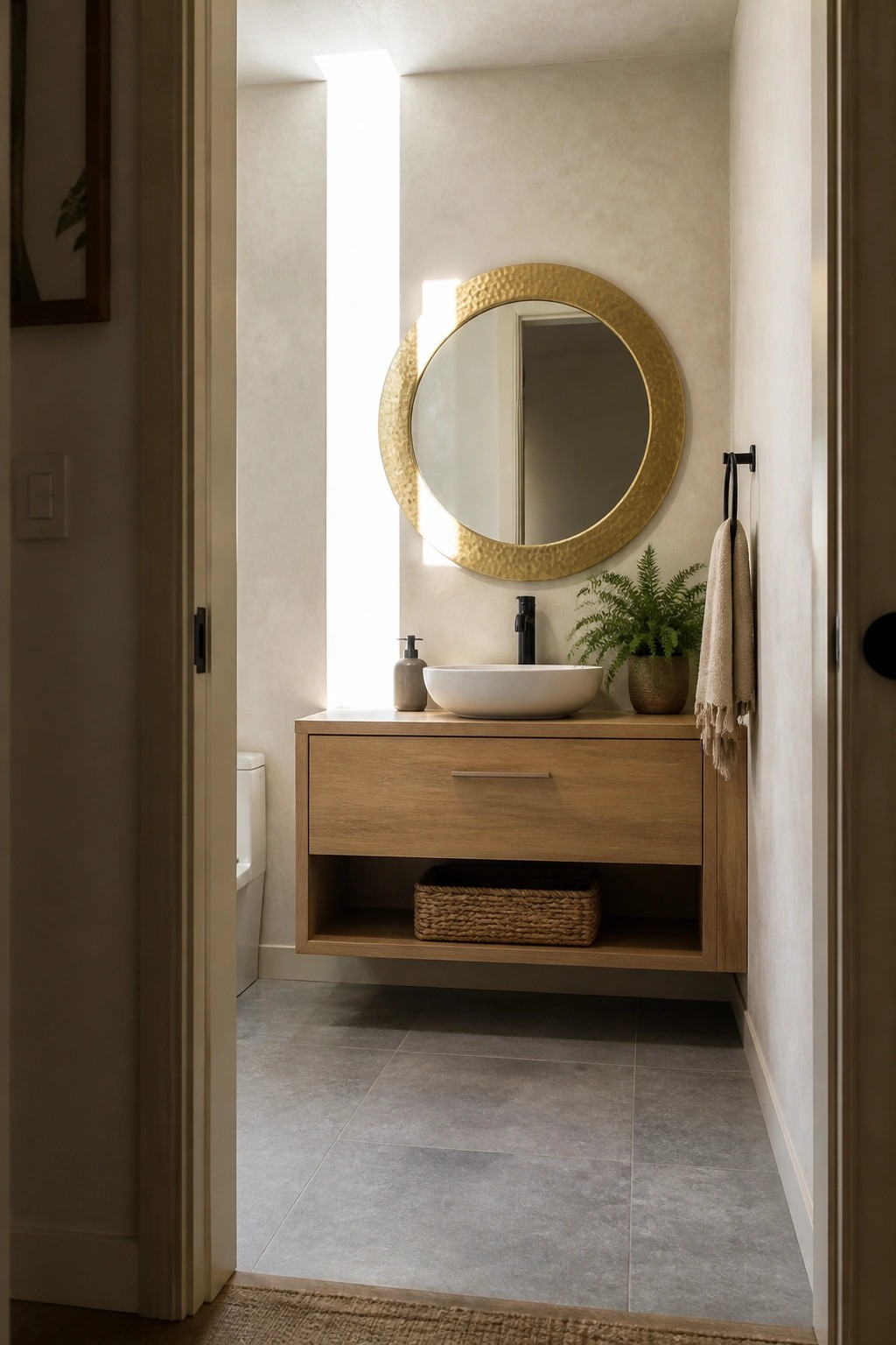 A modern bathroom with a floating light wood vanity, white vessel sink, round hammered gold mirror, and open lower shelf holding a woven basket.