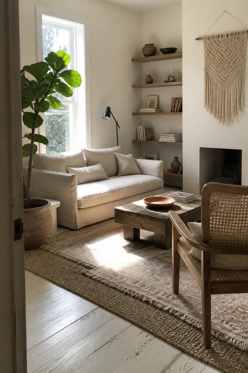 A bright living room with a light linen sofa, wooden coffee table, woven accent chair, and floating shelves against white walls.