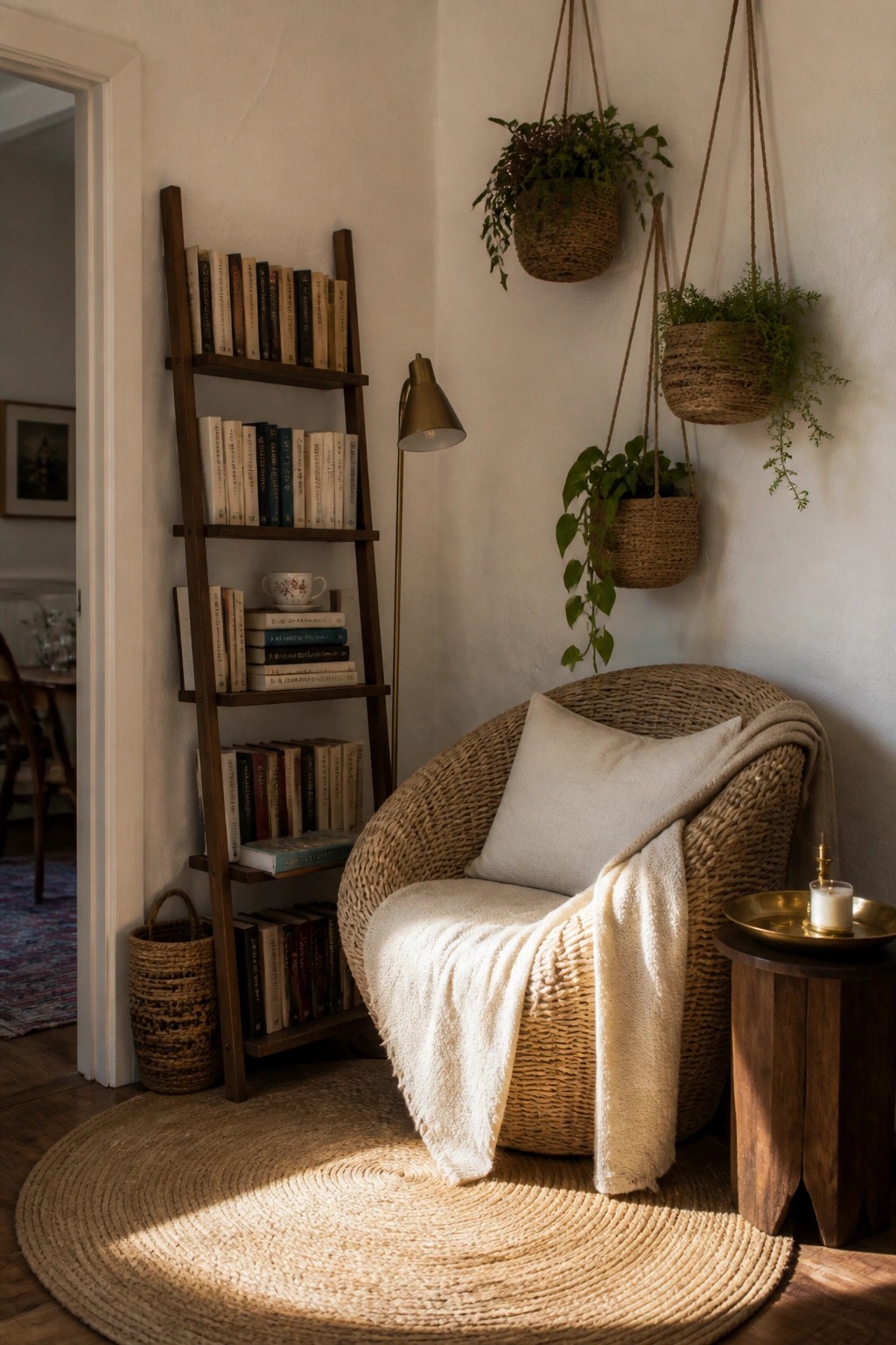 A woven armchair with a throw blanket sits on a round jute rug beside a leaning wooden ladder bookshelf filled with books, with hanging plants and a floor lamp nearby.