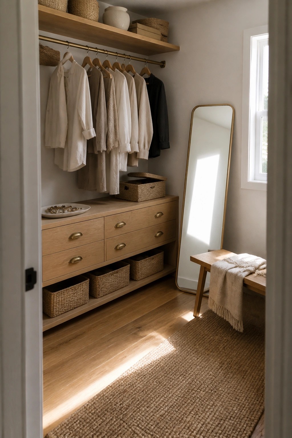 Brightly lit closet with linen shirts, oak dresser, gold mirror, bench, and jute rug.