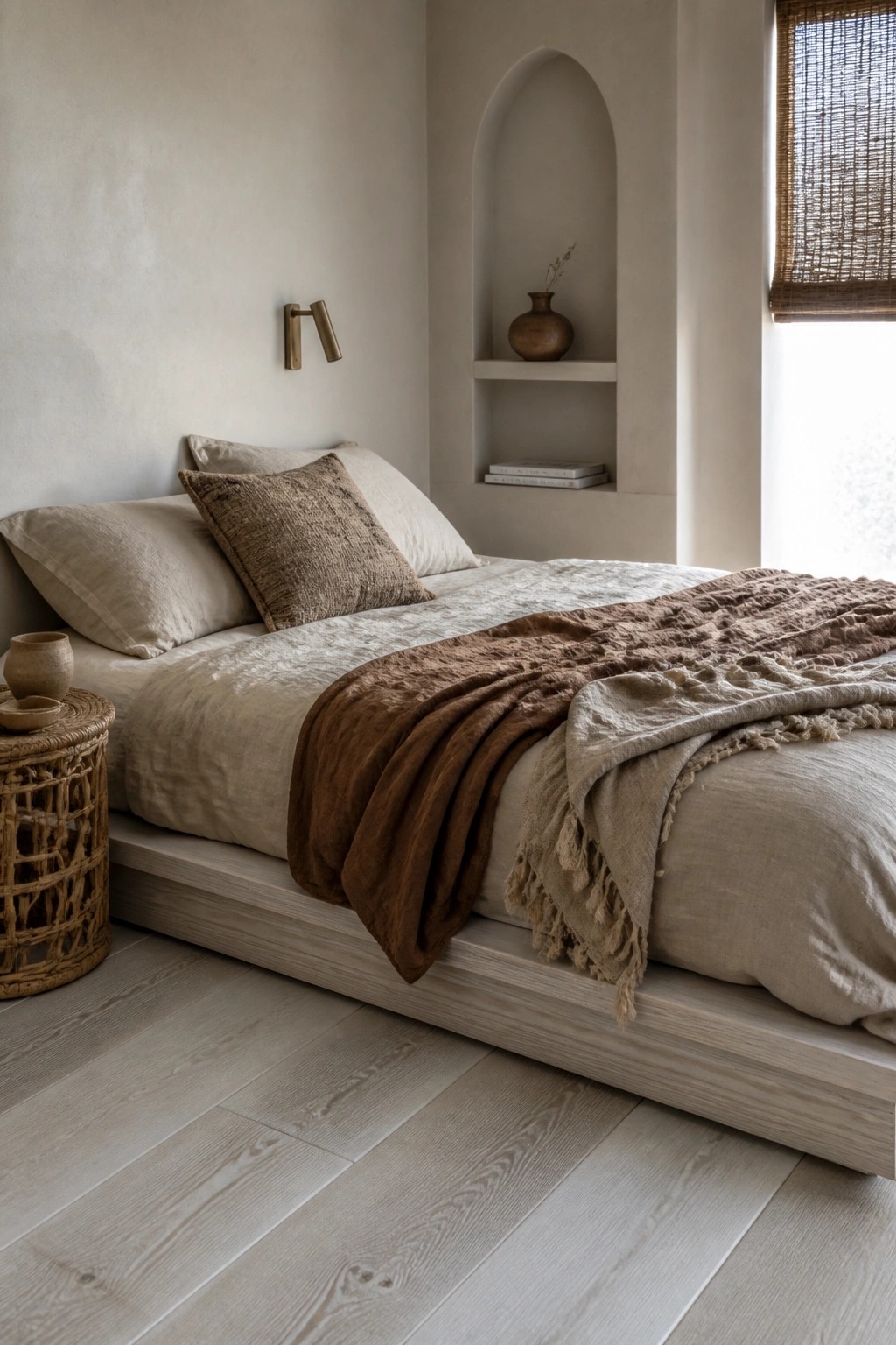 Minimalist bedroom with low wood bed, beige linens, brown throw, and arched niche
