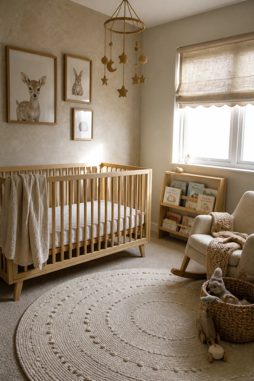 A minimalist nursery with a light wood crib, round woven rug, rocking chair, and framed animal prints on a beige wall.