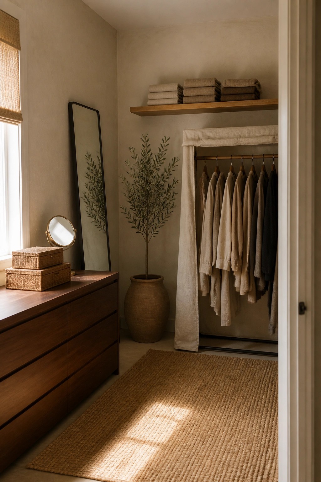 A minimalist walk-in closet featuring an open wooden clothing rack draped with a beige linen curtain, a dark wood dresser on the left, a tall potted plant, and a woven jute rug on the floor.