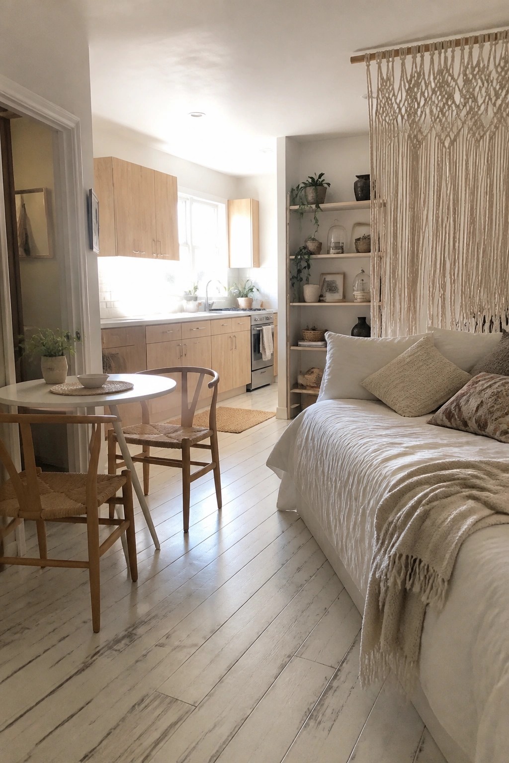 Bright apartment with light wood kitchen, woven chairs, white bed, and macrame hanging.