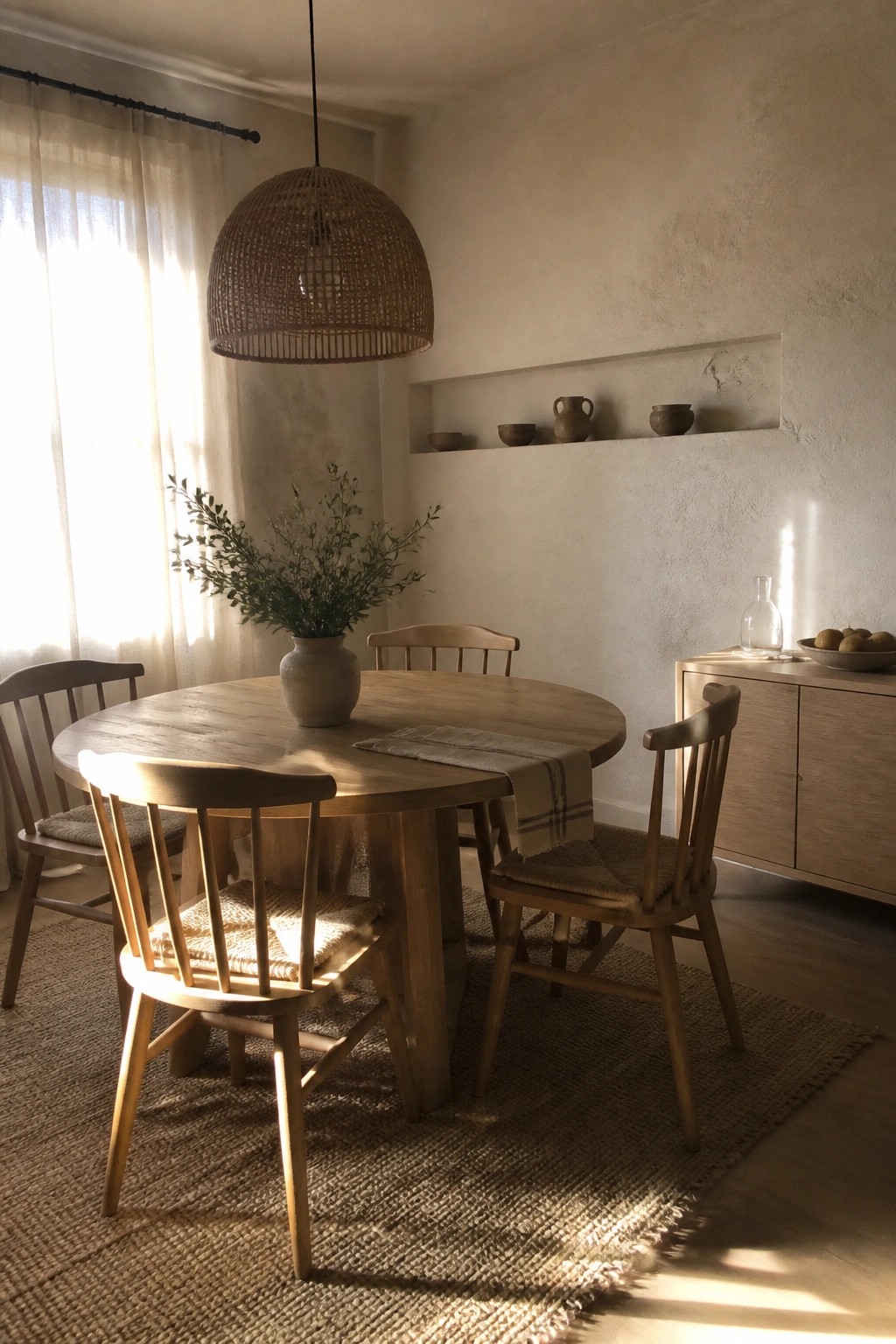 A round wooden dining table with four wooden chairs on a woven rug, a large woven pendant light above, and a vase of greenery in a bright room with a built-in shelf.