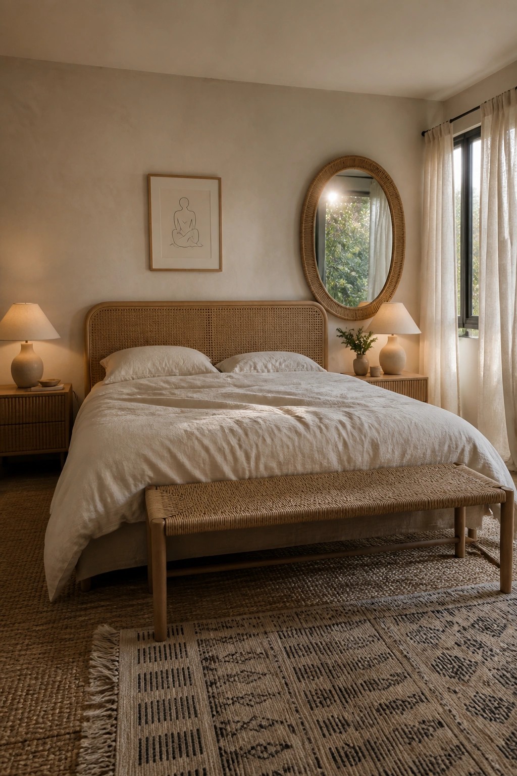 Minimalist bedroom with rattan bed, white linens, woven bench, oval mirror, and neutral decor.