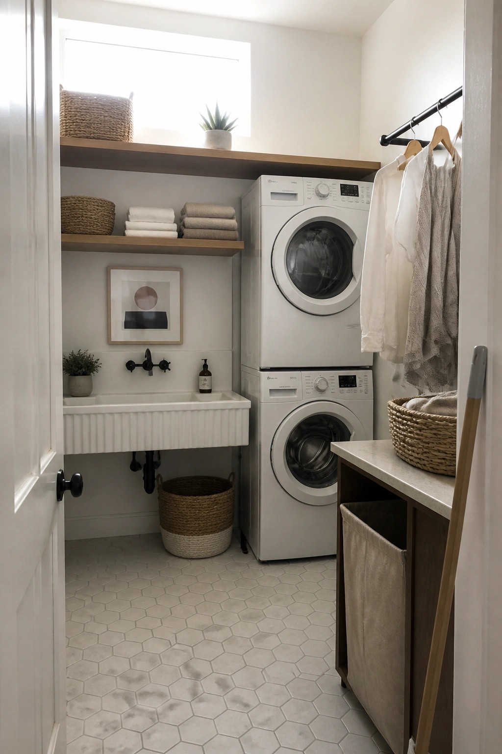 A bright laundry room with stacked white washer and dryer, a white farmhouse sink under open wooden shelves, woven baskets on the shelves and floor, and a clothing rack on the right.