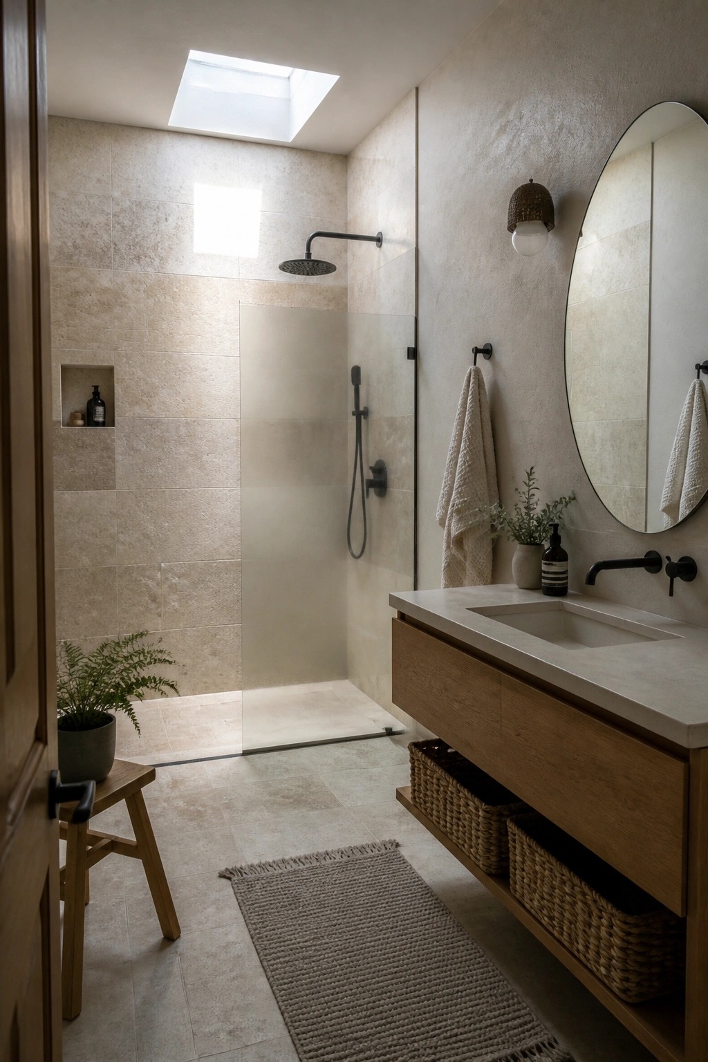 Modern bathroom with beige tiles, glass shower, wooden vanity, round mirror and woven baskets.