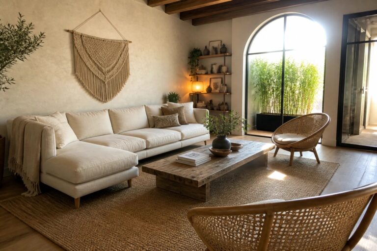 A living room with a low white sectional sofa, wooden coffee table on a jute rug, two woven chairs, a macrame wall hanging, and an arched glass door with sheer curtains.