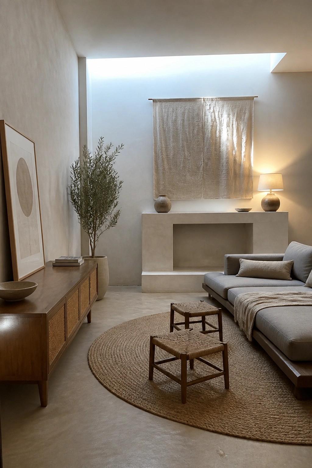 A minimalist living room featuring a low-profile gray sofa on a round woven rug with two low wooden stools, a wooden console table with a framed artwork, and a large potted plant near a recessed wall niche.