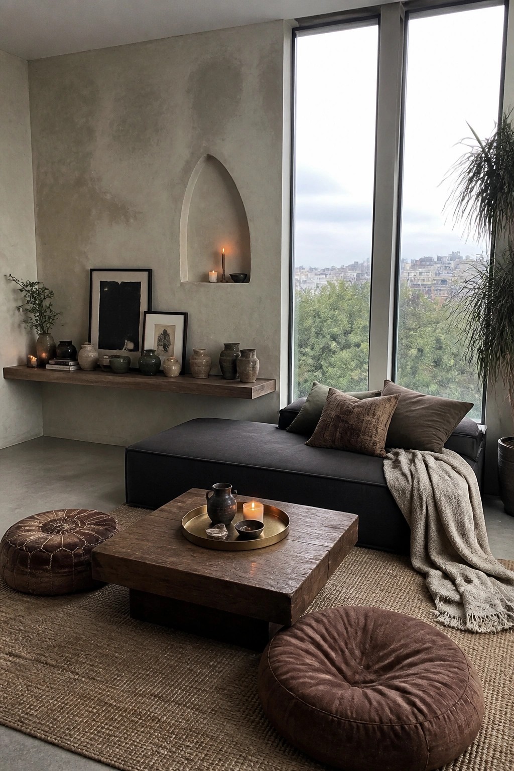 A minimalist living room featuring a low-profile dark daybed, wooden coffee table on a woven rug, floor poufs, and large windows with a city view.