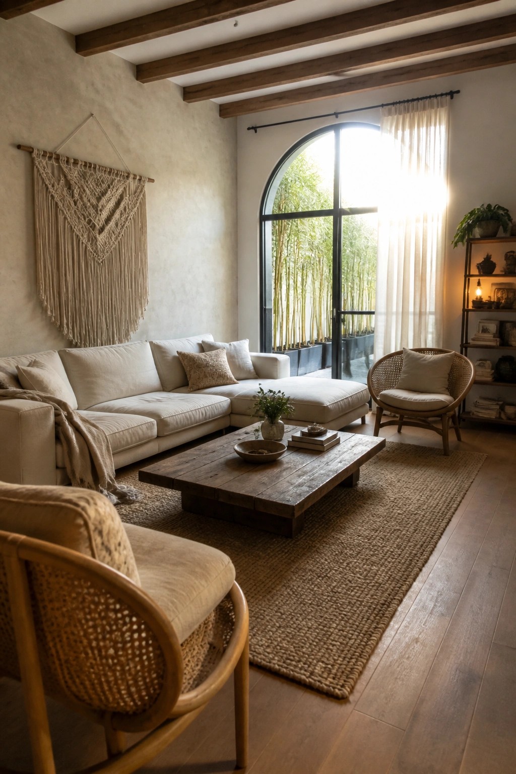 A living room with a low white sectional sofa, wooden coffee table on a jute rug, two woven chairs, a macrame wall hanging, and an arched glass door with sheer curtains.
