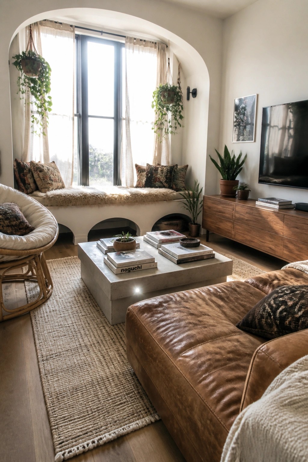 A modern living room with a low concrete coffee table stacked with books, a brown leather sectional in the foreground, a built-in window seat with cushions, and a wooden media console against the wall.