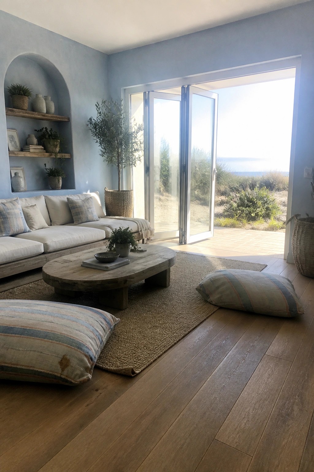A light blue living room with a low wooden coffee table, white sofa, striped floor cushions on a jute rug, and large open doors to a patio.