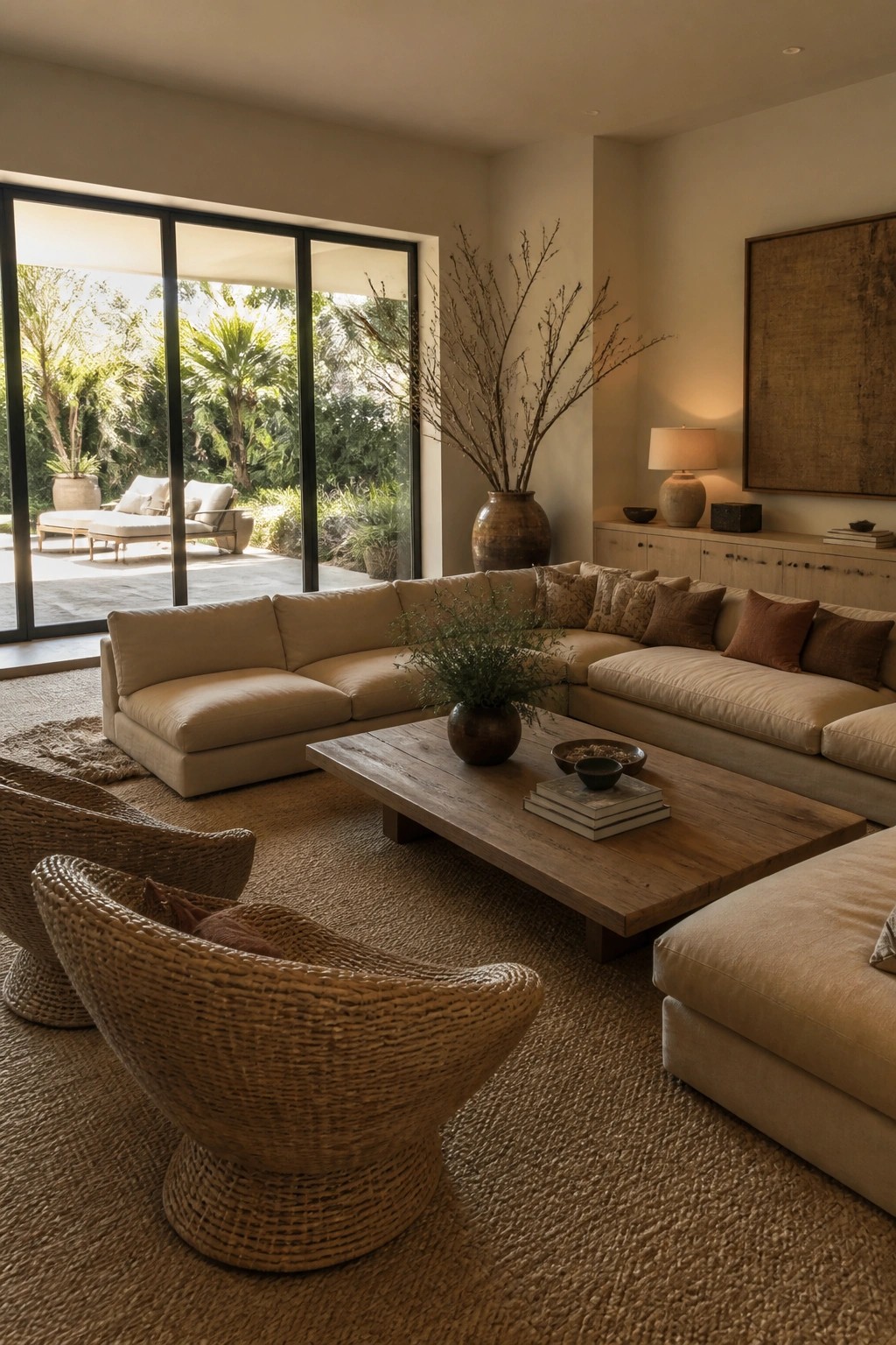 A spacious living room featuring a large beige sectional sofa, low wooden coffee table, woven accent chairs, and neutral textiles, with sliding glass doors leading to an outdoor patio.