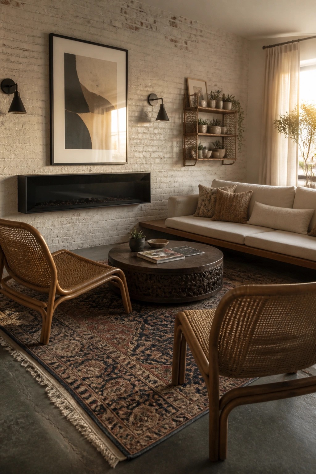 A modern living room featuring a low-profile sofa, two low woven chairs, a round coffee table on a patterned rug, and a linear fireplace on a white brick wall.