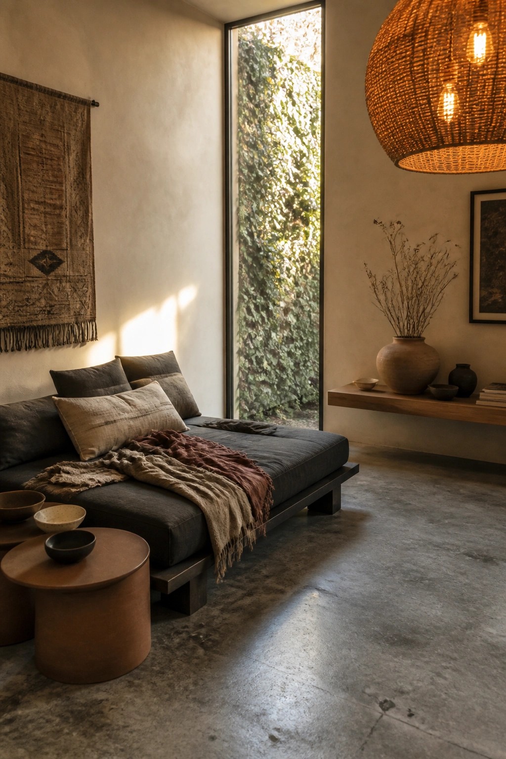 A living room featuring a low dark platform sofa with neutral pillows and throws, round side tables, a woven pendant light, and a tall window overlooking greenery.