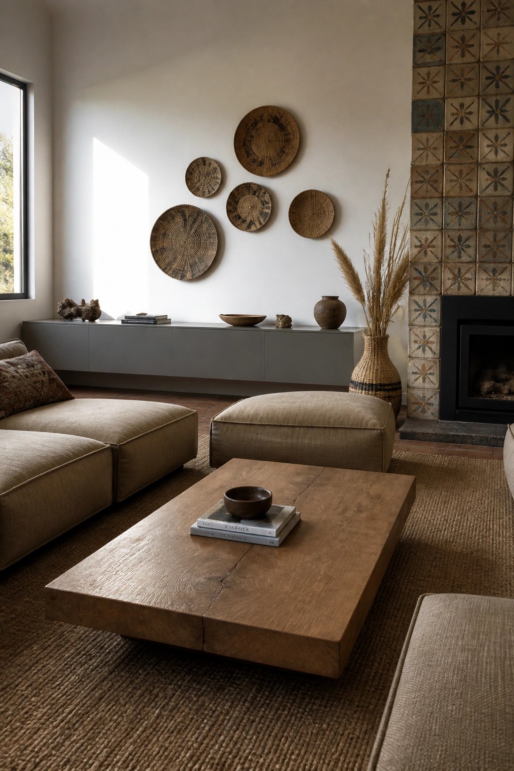 Earthy living room with beige sectional, wooden coffee table, woven baskets, and tiled fireplace.