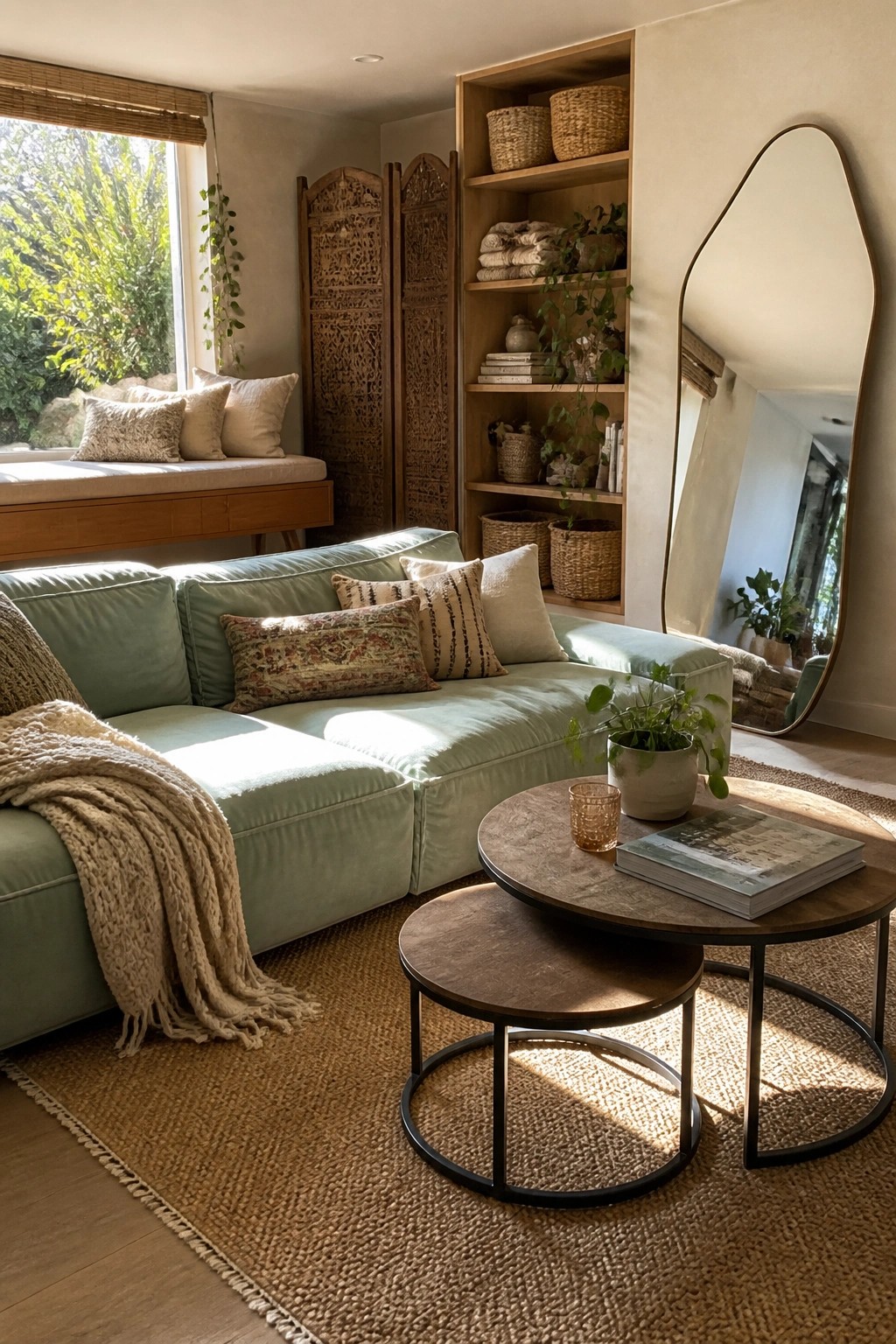 A modern living room featuring a low-profile sage green sectional sofa on a jute rug with wooden nesting coffee tables and built-in wooden shelves.