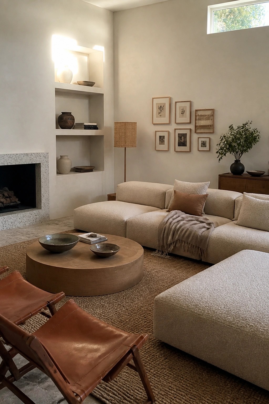 A neutral living room featuring a large low-profile beige sectional sofa, round wooden coffee table, built-in shelves with pottery, leather sling chairs, and framed art on the wall.