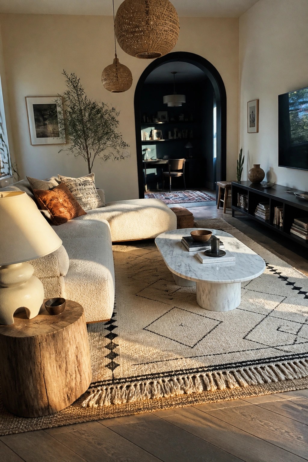 Cozy living room with beige sectional sofa, marble table, woven rug, and black arched doorway.