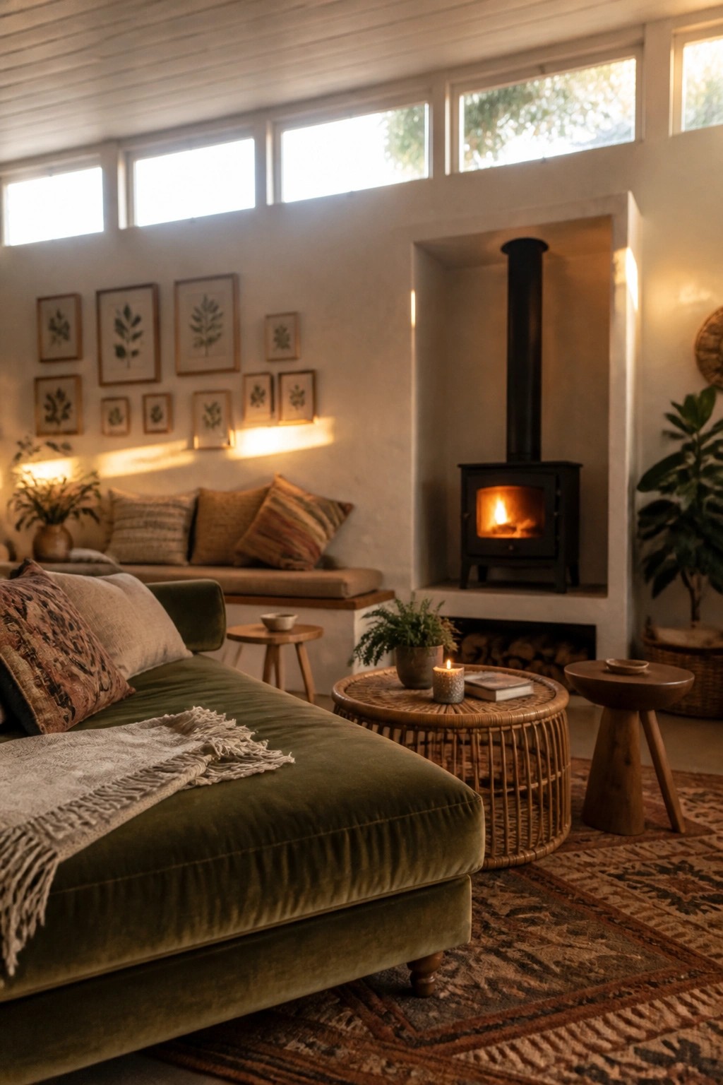 A living room with a long low green velvet sofa, round wooden coffee table, wood stove in a recessed alcove, and a built-in bench under a row of high windows.