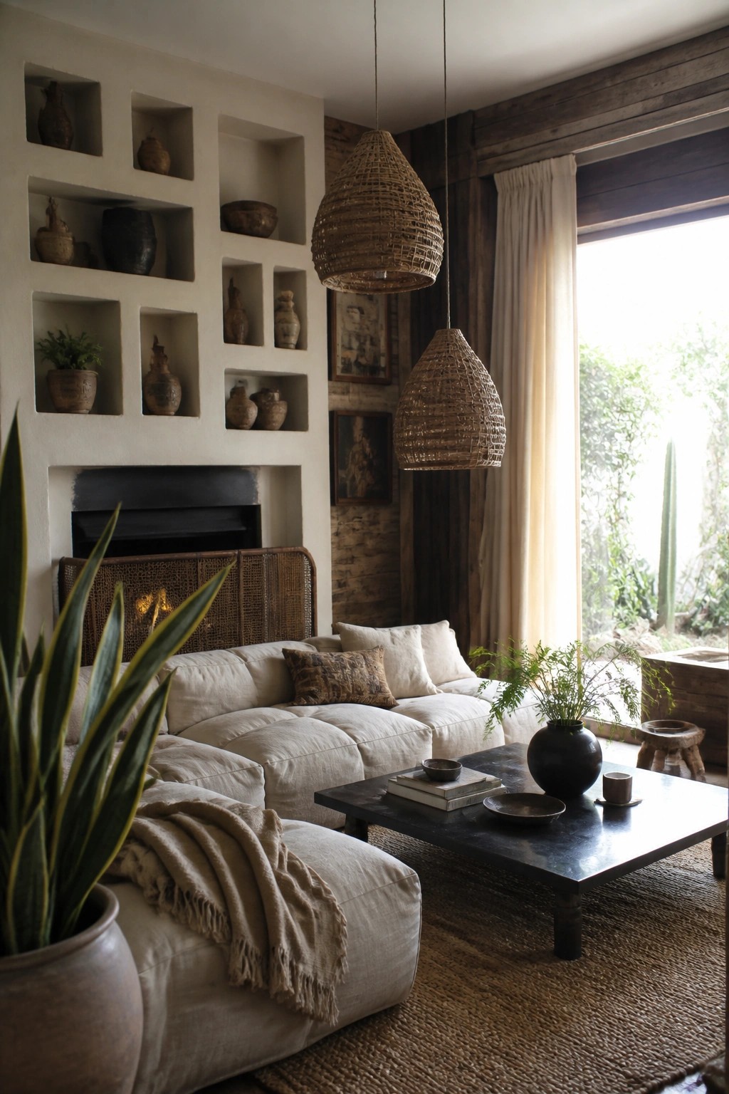 A living room with a low off-white sectional sofa, dark coffee table, woven pendant lights, built-in wall niches with pottery, and a fireplace.