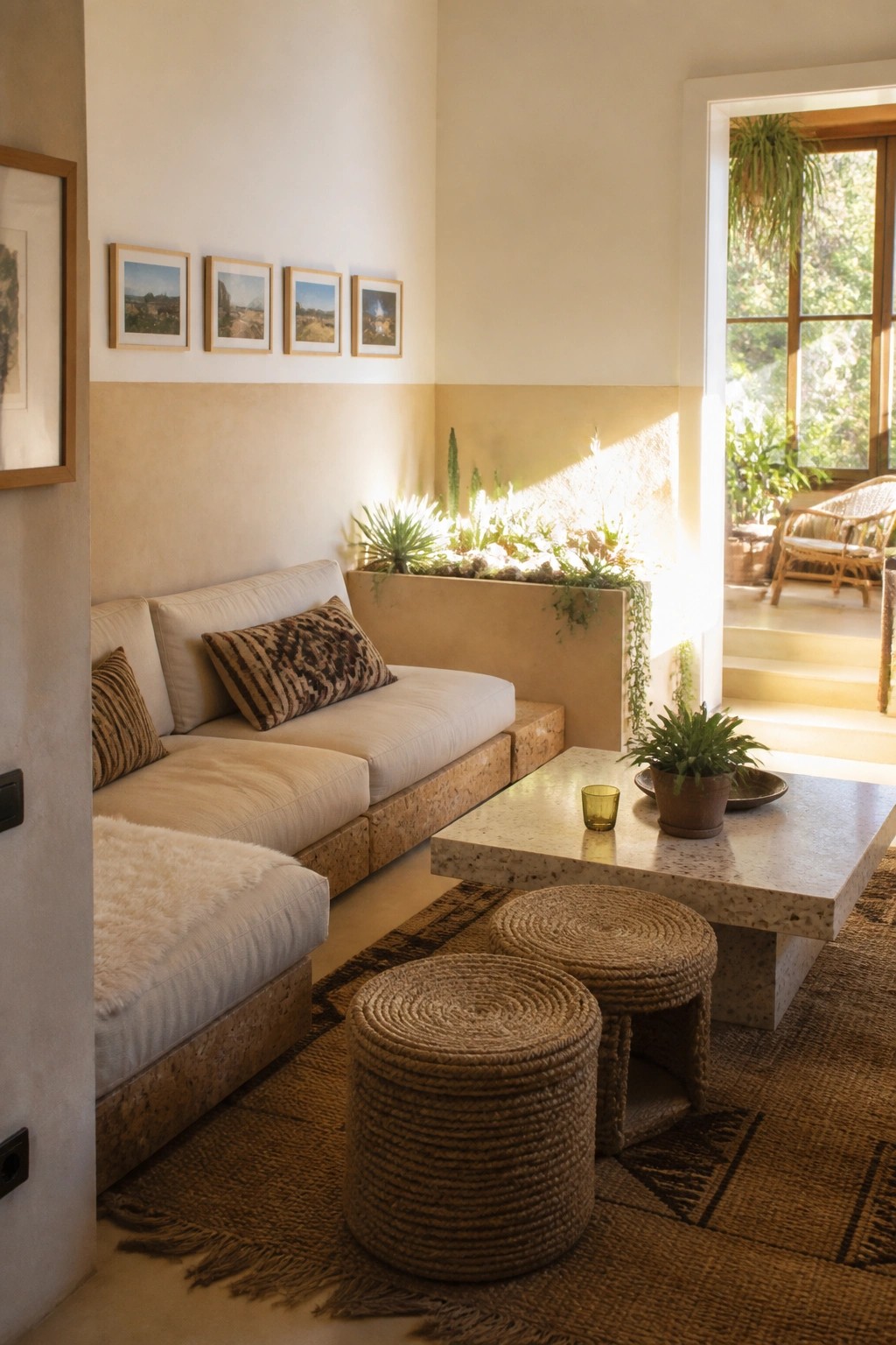 Interior view of a living room with a low-profile beige sofa on a stone platform base, two round woven stools, a stone coffee table, and an open doorway leading outside.