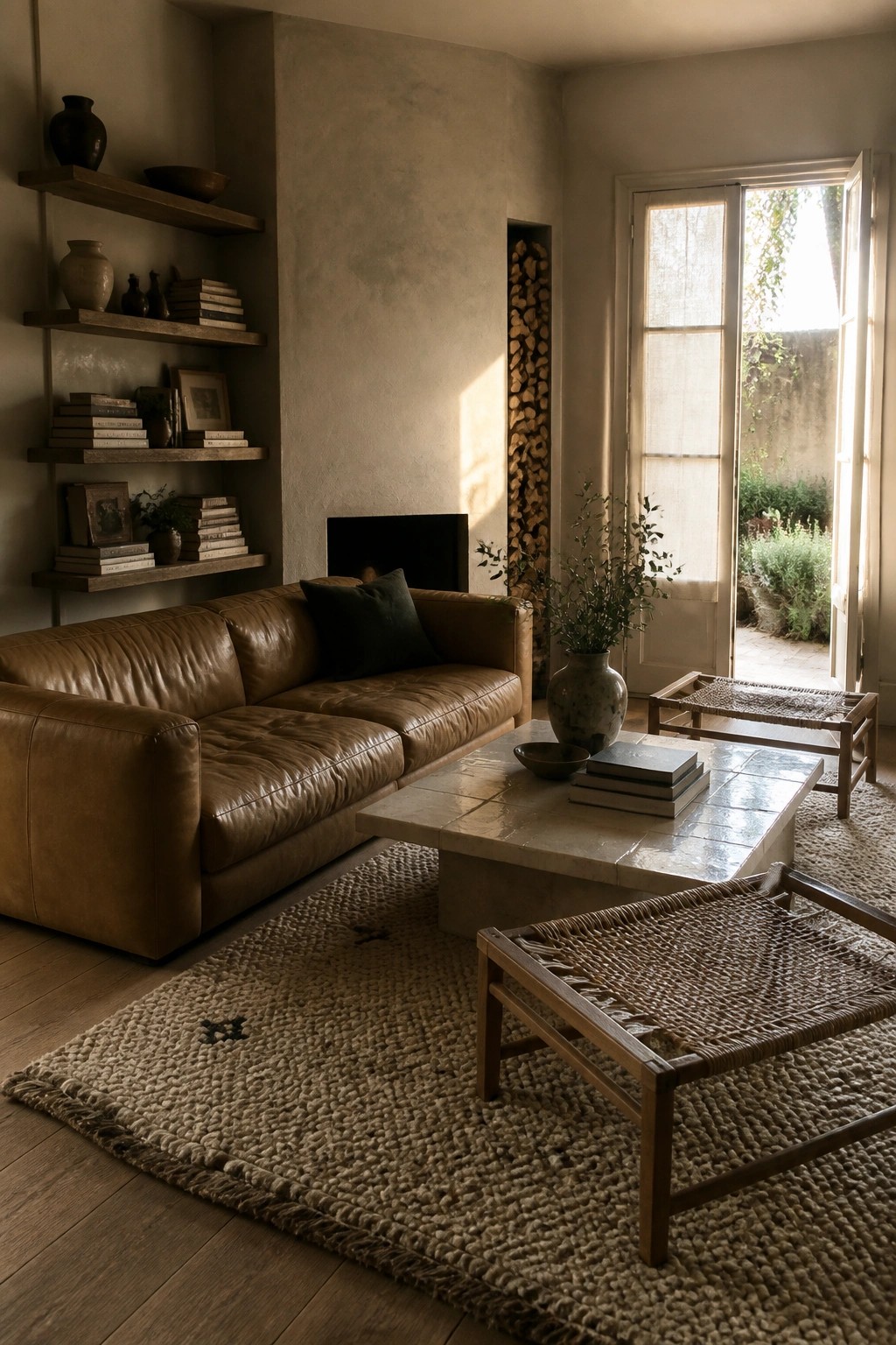 A living room featuring a brown leather sofa, a low stone coffee table with stacked books, two low woven wooden stools, floating wood shelves with books and pottery, and a jute rug on wood flooring.