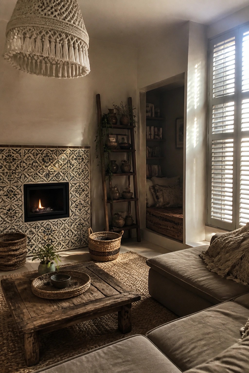 Cozy rustic living room with tiled fireplace, macrame light, ladder shelf, and sunlit window nook.
