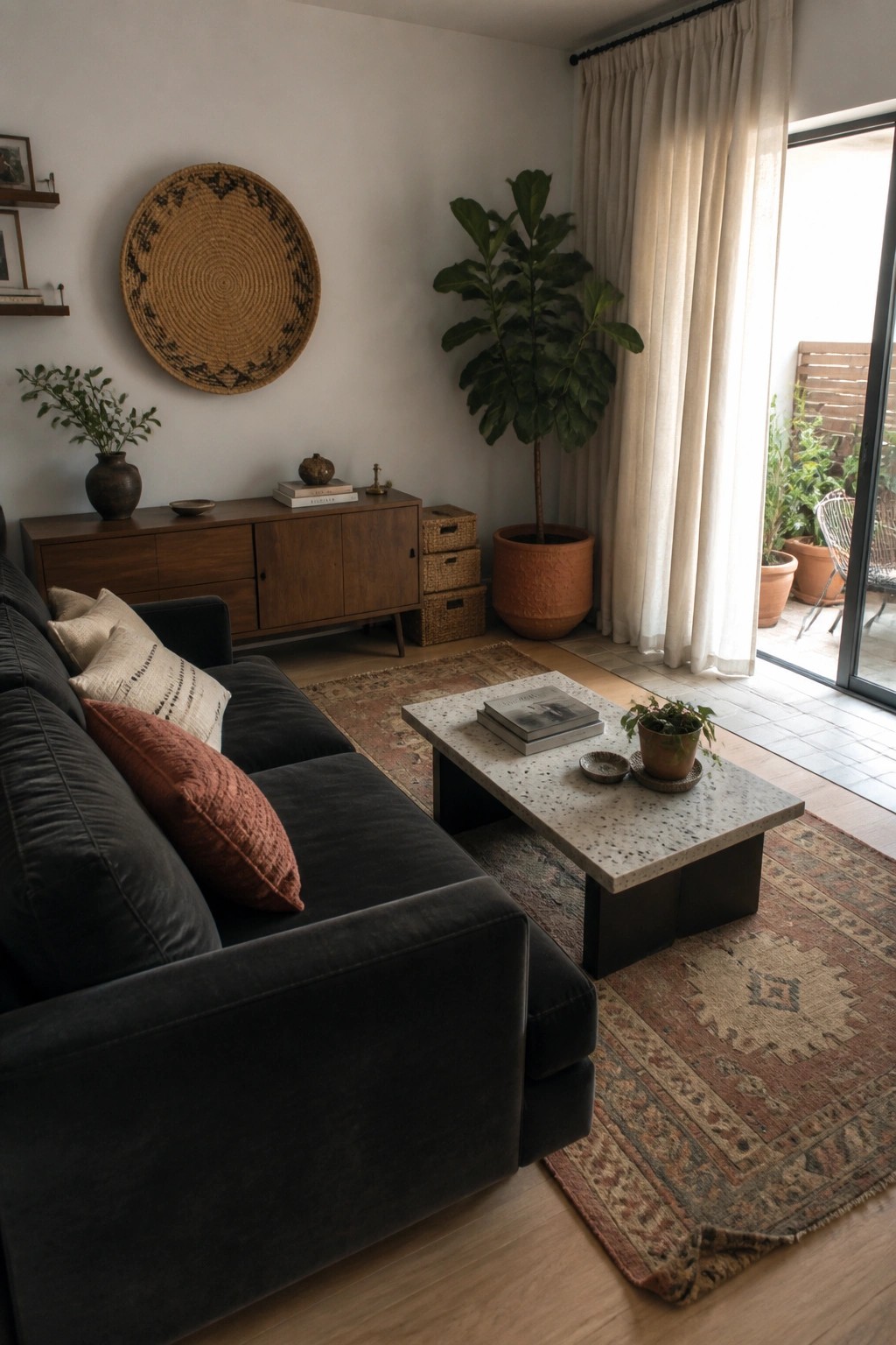 A modern boho living room with a low dark gray sofa, a terrazzo coffee table on layered rugs, a wooden sideboard, a large potted fiddle leaf fig, and a woven wall hanging.