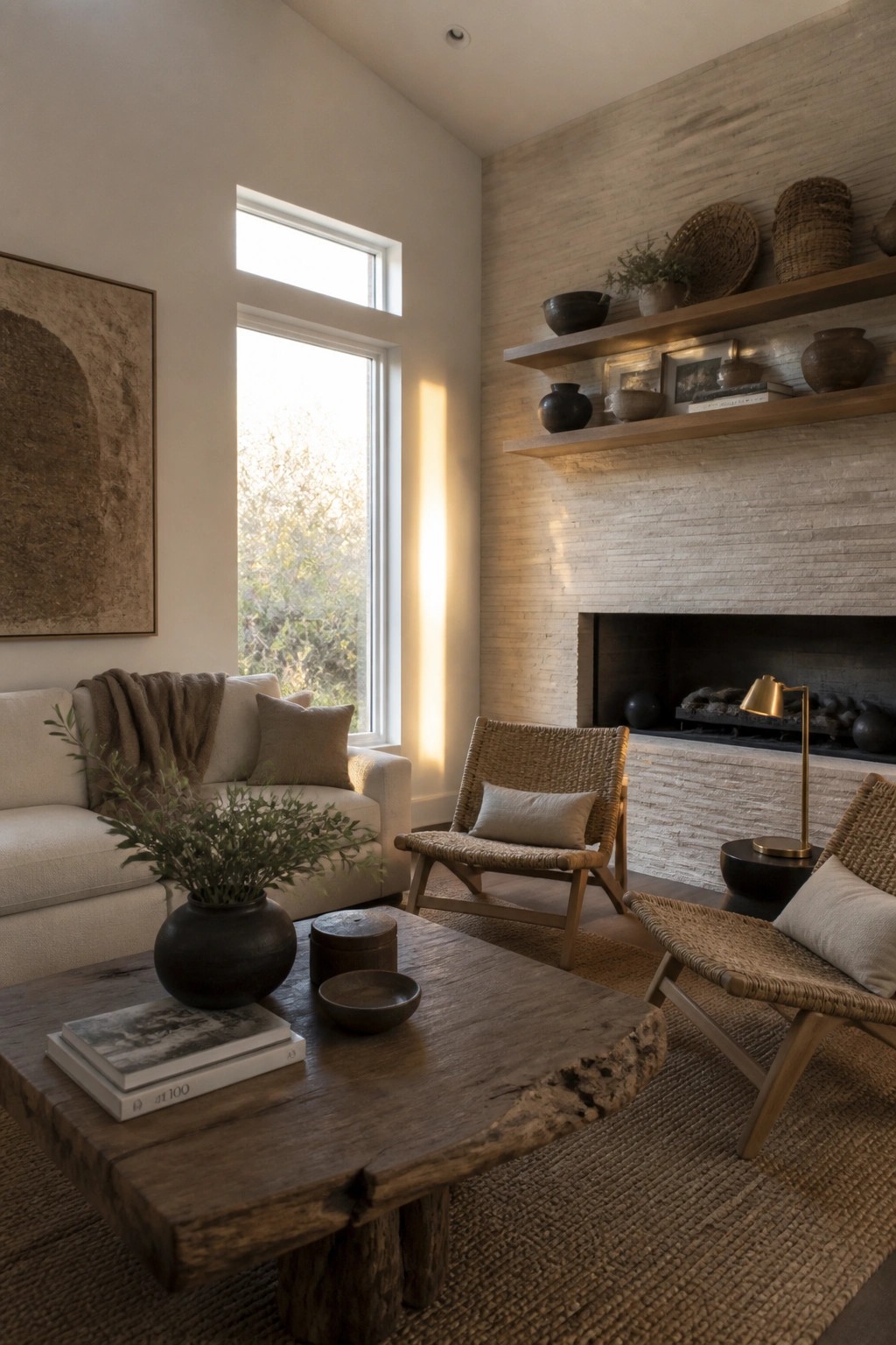 A living room featuring a white sofa, two low woven chairs, a rustic wood coffee table, and a stone fireplace with wooden shelves.