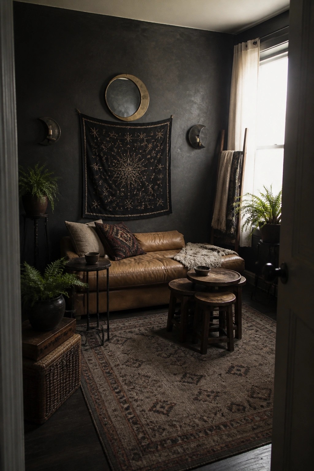 A dark living room with a large black celestial tapestry featuring gold star patterns hanging on the wall above a brown leather sofa, with crescent moon sconces and a round mirror visible.