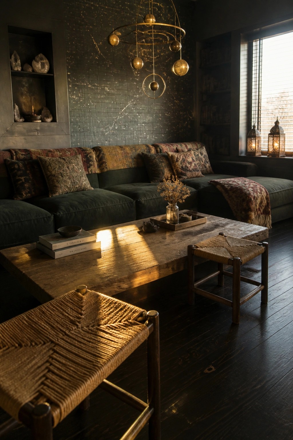 A living room with a dark green sectional sofa, rustic wood coffee table, two woven stools, built-in wall niche, and a brass celestial chandelier with multiple orbs hanging above the seating area.