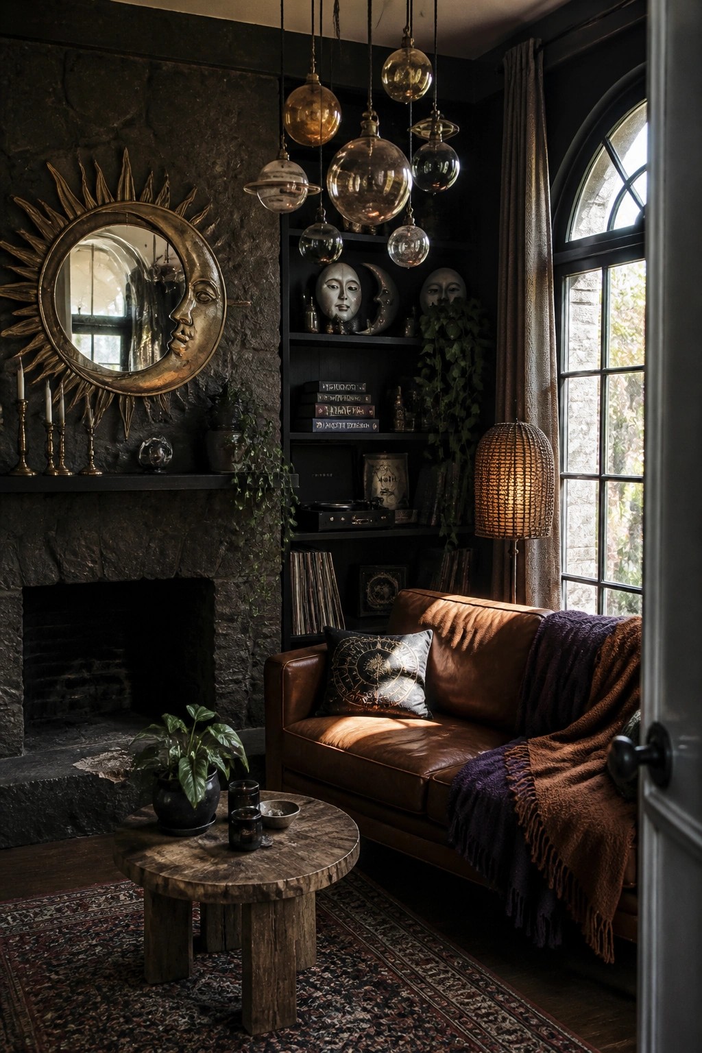 Dark moody room with leather sofa, stone fireplace, sun mirror, and hanging glass orbs