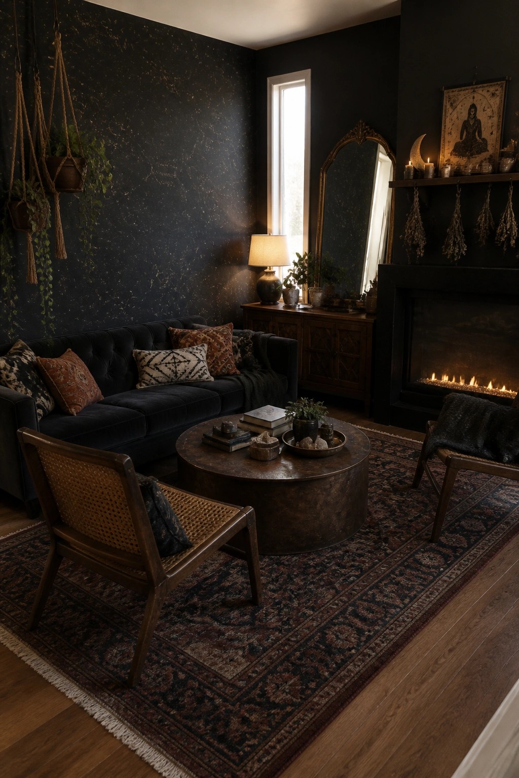 A dark boho living room with black walls, a velvet sofa, a round coffee table on a patterned rug, a fireplace, and celestial wall decor including a moon and a framed print above the mantel.